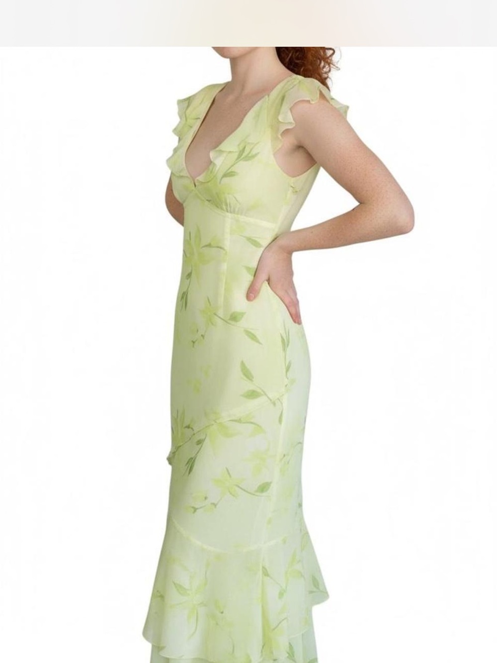 Prince Light Green Floral V-Neck Ruffle Maxi Dress